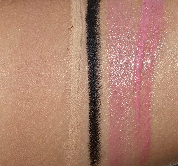 MAC Prabal Gurung swatches from the left: Bronzing Powder in Matte Bronze, Chromagraphic Pencil in NW25/NC30, Kohl Power Eye Pencil in Feline, Lipstick in Light English Red and Lipglass in Light English Red