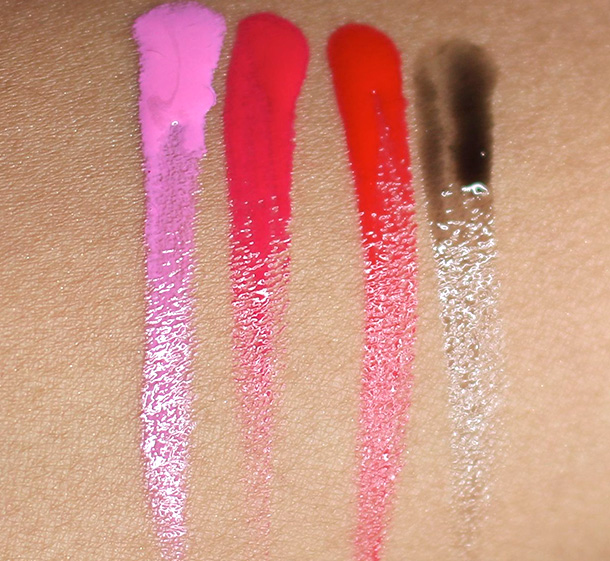 Obsessive Compulsive Cosmetics After Dark Stained Gloss Swatches from the left: Hedonist, New Wave, Jealous and Little Black Dress