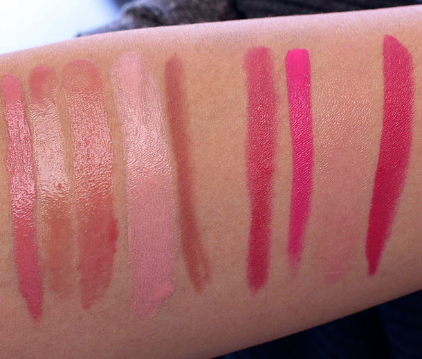 Sephora Give Me More Lip swatches from the left: Stila Stay All Day Vinyl Lip Gloss in Nude, Laura Mercier Lip Glace in Blush, Fresh Sugar Rose Lip Tint, Too Faced La Creme Lipstick in Naked Dolly, Make Up For Ever Lip LIner in 3C, Tarte LipSurgence in Flush, Too Faced Melted Lipstick in Melted Fuchsia, Benefit Posie Balm and Bite Beauty Luminous Creme Lipstick in Palomino