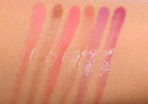 bareMinerals Kissing Booth swatches from the left: Big Tease, LUcky Lady, Sweet Kisser, Major Flirt, Thrill Seeker and Jezebel