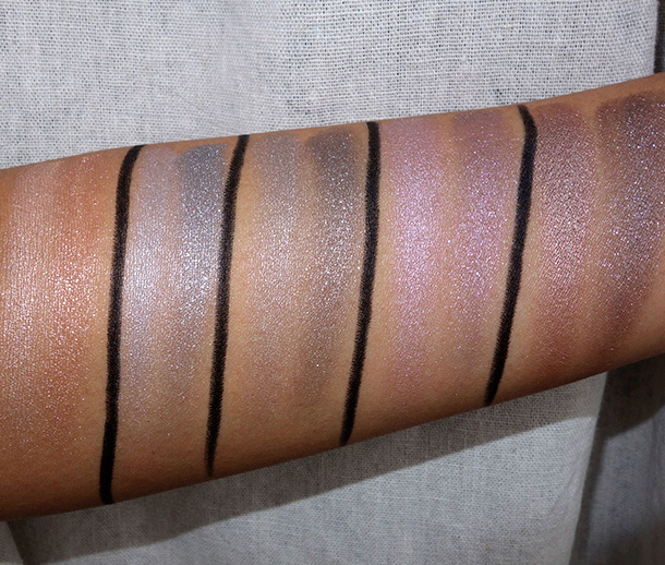 MAC Lightness of Being Swatches Mineralize Eye Shadows from the left: Natural Vigor, Just Breathe, Uninhibited, Leap and Force of Nature