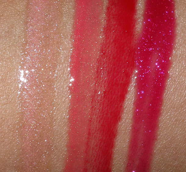 MAC Red Red Red Cremesheen Swatches from the left: Nectarsweet, Meteoric and Night is Young; Dazzleglass Swatch in Love Alert ($20 US, $32 CAD each)