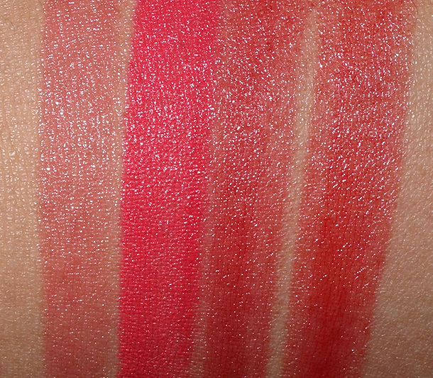 MAC Red Red Red Swatches Lipstick from the left: See Sheer, Toxic Tale, Lady Bug and 5-Alarm