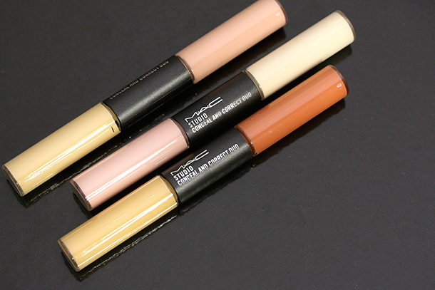 MAC Studio Finish Conceal Correct Duos from top to bottom: Mid Peach/Mid Yellow, Pale Yellow/Pale Pink and Rich Yellow/Burnt Coral