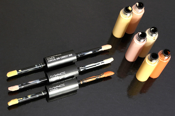 MAC Studio Finish Conceal Correct Duos from top to bottom: Mid Peach/Mid Yellow, Pale Yellow/Pale Pink and Rich Yellow/Burnt Coral