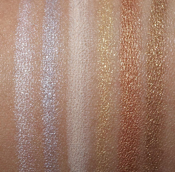 MAC Technakohl Liner swatches from the left: Snowed In, Sterling Silver, Risque, Bare Asset, Twinked, Brass Band and $$$