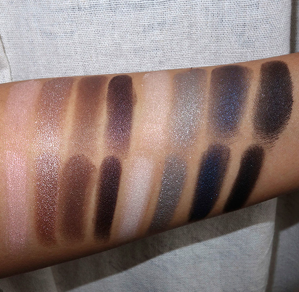 NARS Dual Intensity Eyeshadow Palette swatches dry (top row) and wet (bottom row)