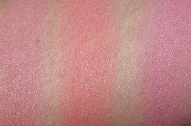 Milani Rose Powder Blush swatches from the left: Tea Rose, Coral Cove and Romantic Rose