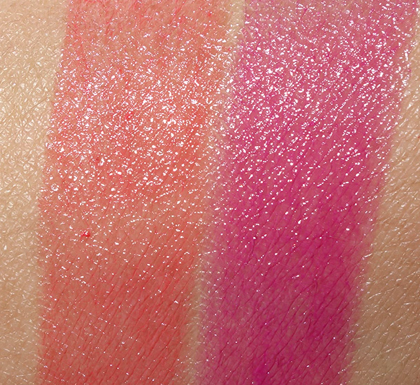 Bobbi Brown Sheer Lip Color Swatches in Orange (left) and Berry (right)