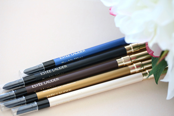 Estee Lauder Stay-in-Place Double Wear Eye Pencils from the left: 08 Electric Cobalt, 01 Onyx, 02 Coffee, 13 Gold and 08 Pearl