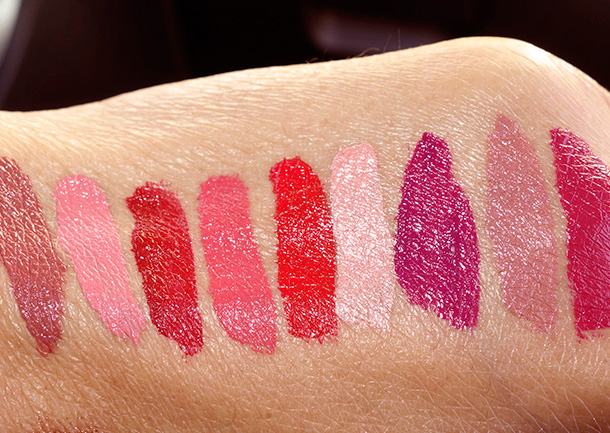 Laura Mercier Paint Wash Liquid Lip Colour Swatches from the left: Petal Pink, Red Brick, Coral Reef, Vermillion Red, Golden Peach, Fuchsia Mauve, Nude Rose and Orchid Pink