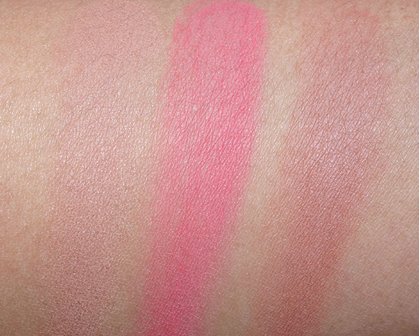 Rouge Bunny Rouge Original Skin Blush For Love of Roses swatches from the left: 033 Delicata, 036 Orpheline and 038 Habanera