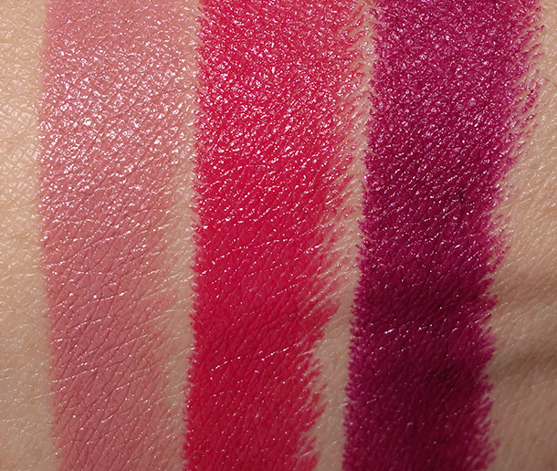 MAC Julia Petit Lipstick swatches from the left: Boca, Petite Red and Acai