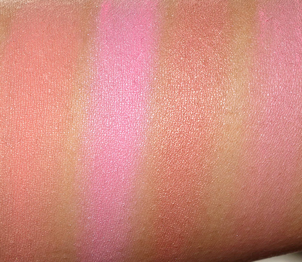 NYX High Definition Blush Swatches from the left: Coraline, Baby Doll, Rose Gold and Hamptons