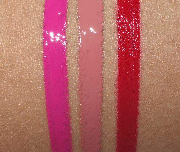 NYX Intense Butter Gloss Swatches from the left: Funnel Delight, Tres Leches and Apple Crisp