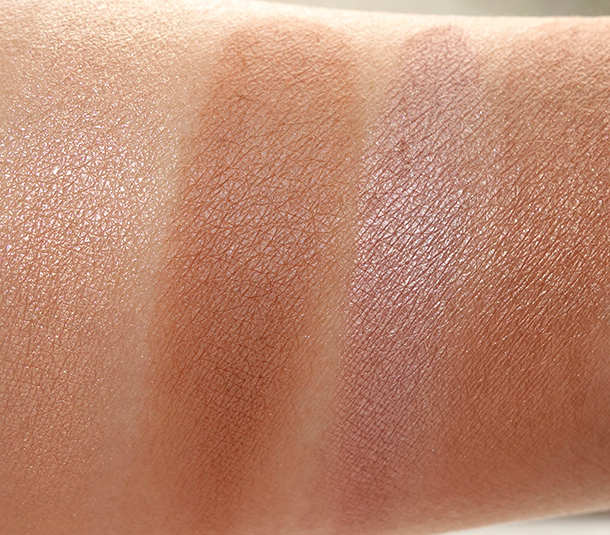 The Little Black Book of Bronzers Bronzer Collection swatches from the left: Snow Bunny, Dark Chocolate Soleil, Pink Leopard and Beach Bunny