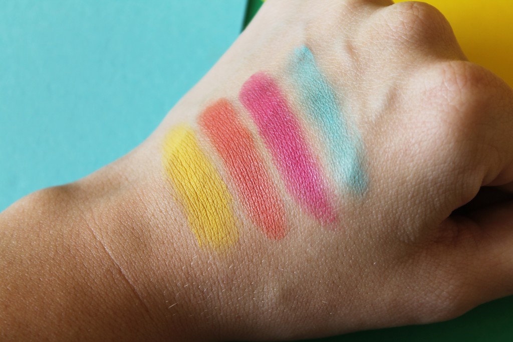 Swatches from left to right: MAC Royal Woo, Electric Mandarin, Mu Mu Bloom, Pale Pippa