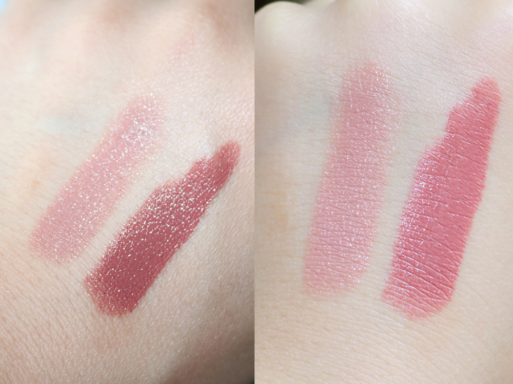 Swatches (Flash vs Non-Flash) of Maybelline Color Sensational Nude Lust and YSL Rouge Volupte Ultimate Beige