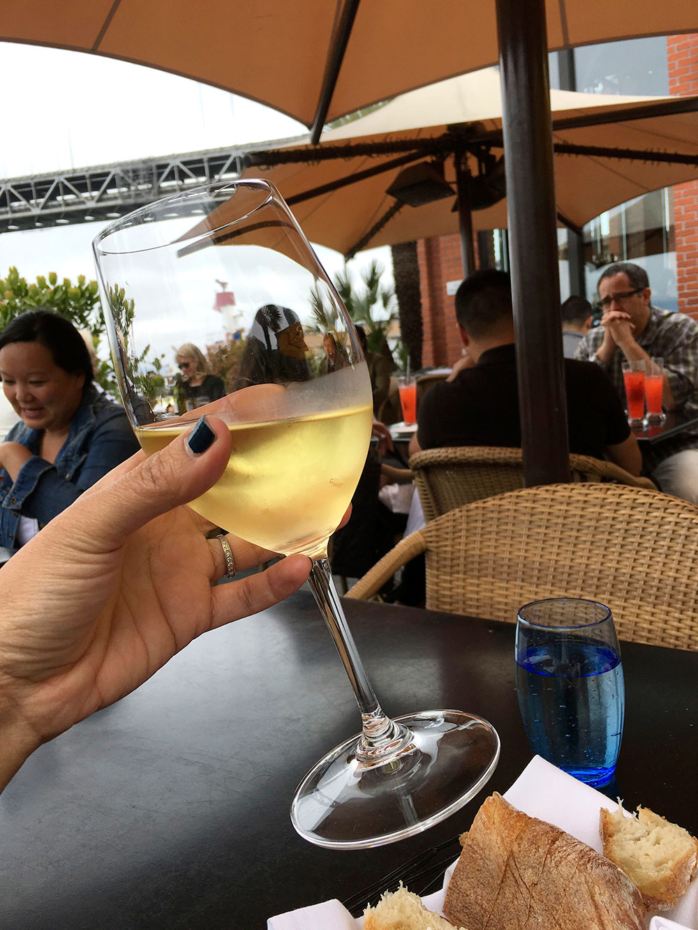 A glass of Riesling at Waterbar Restaurant on the Embarcadero