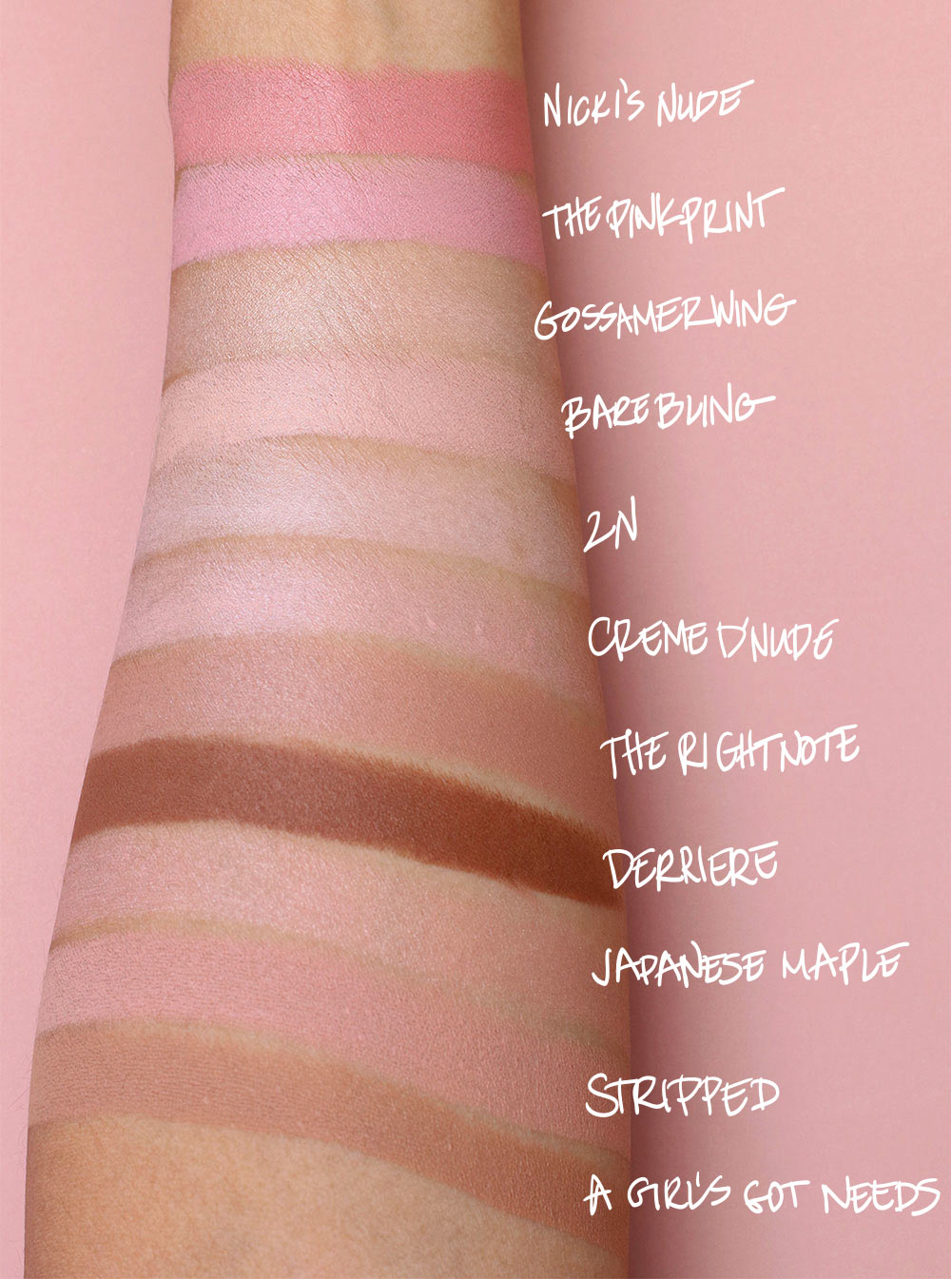 From the top: Nicki’s Nude, The Pinkprint, Gossamer Wing, Bare Bling, 2N, C...