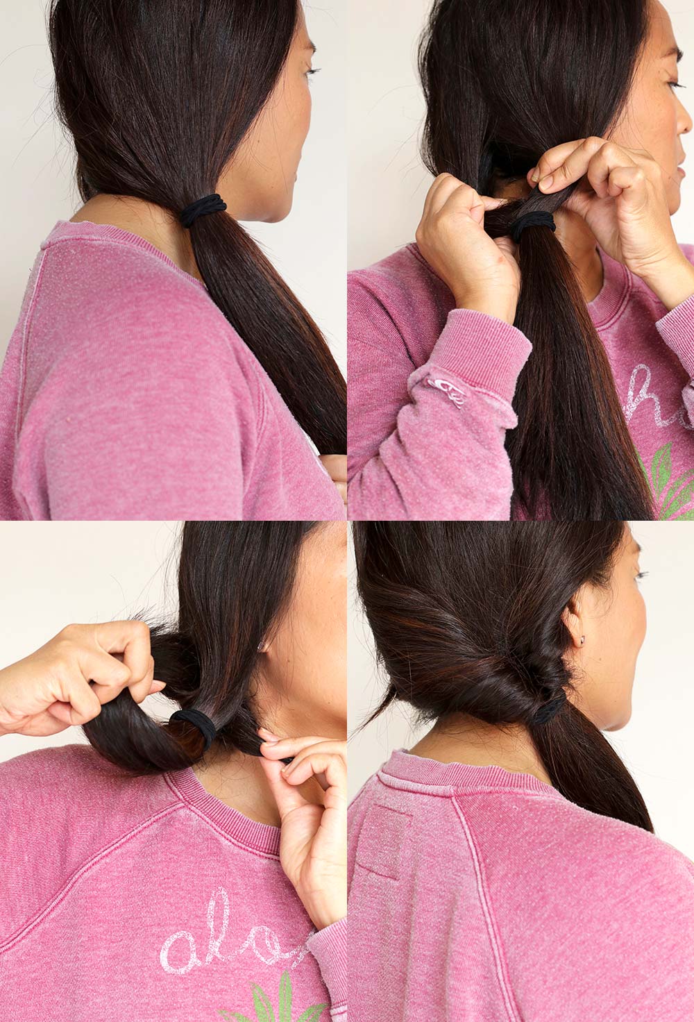 low double side roll ponytail steps