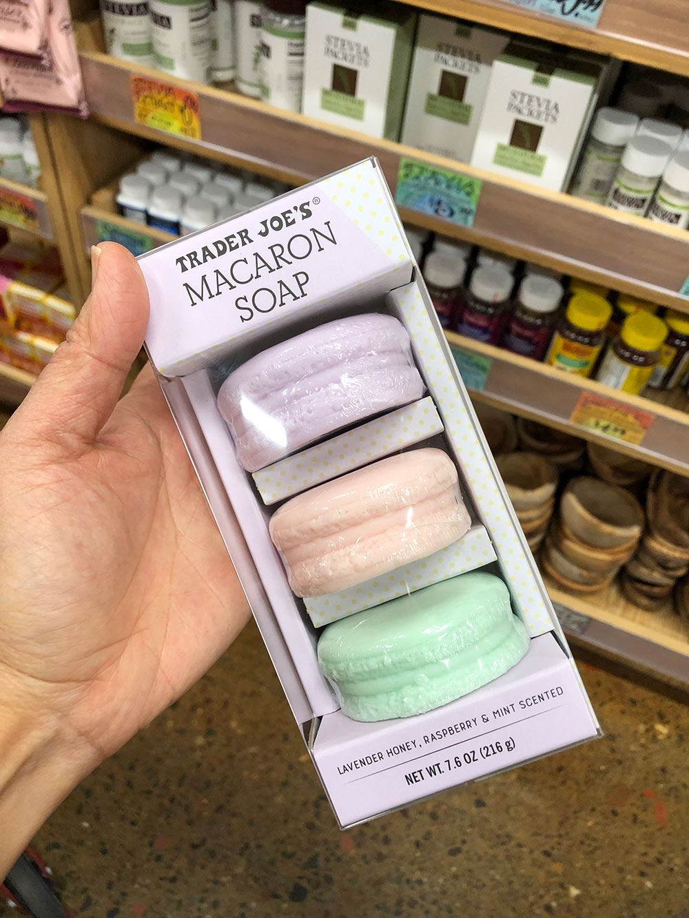 trader joes macaron soap in hand
