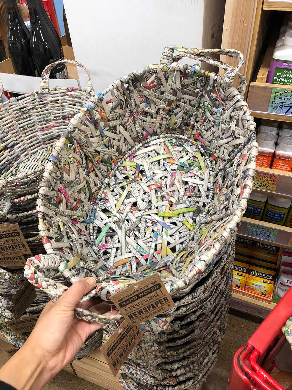 trader joes recycled newspaper baskets pattern