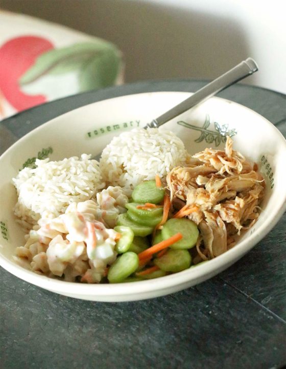Recipes for a Tropical-Inspired Plate Lunch: Hawaiian Chicken, Hawaiian Mac Salad, Coconut Rice, and Cucumber and Carrot Salad